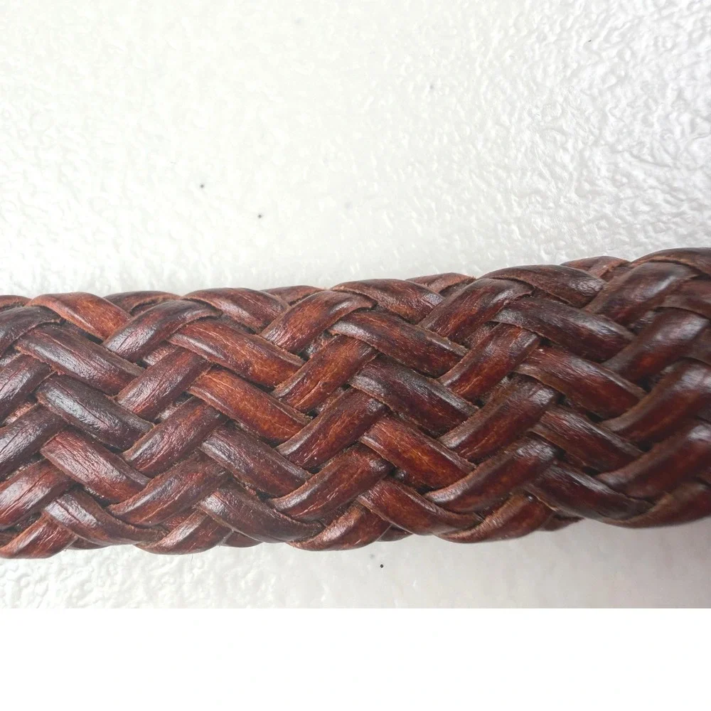 Brown Braided‎ Leather Belt Silver Solid Brass Buckle Woven Skinny Large 41 Inch